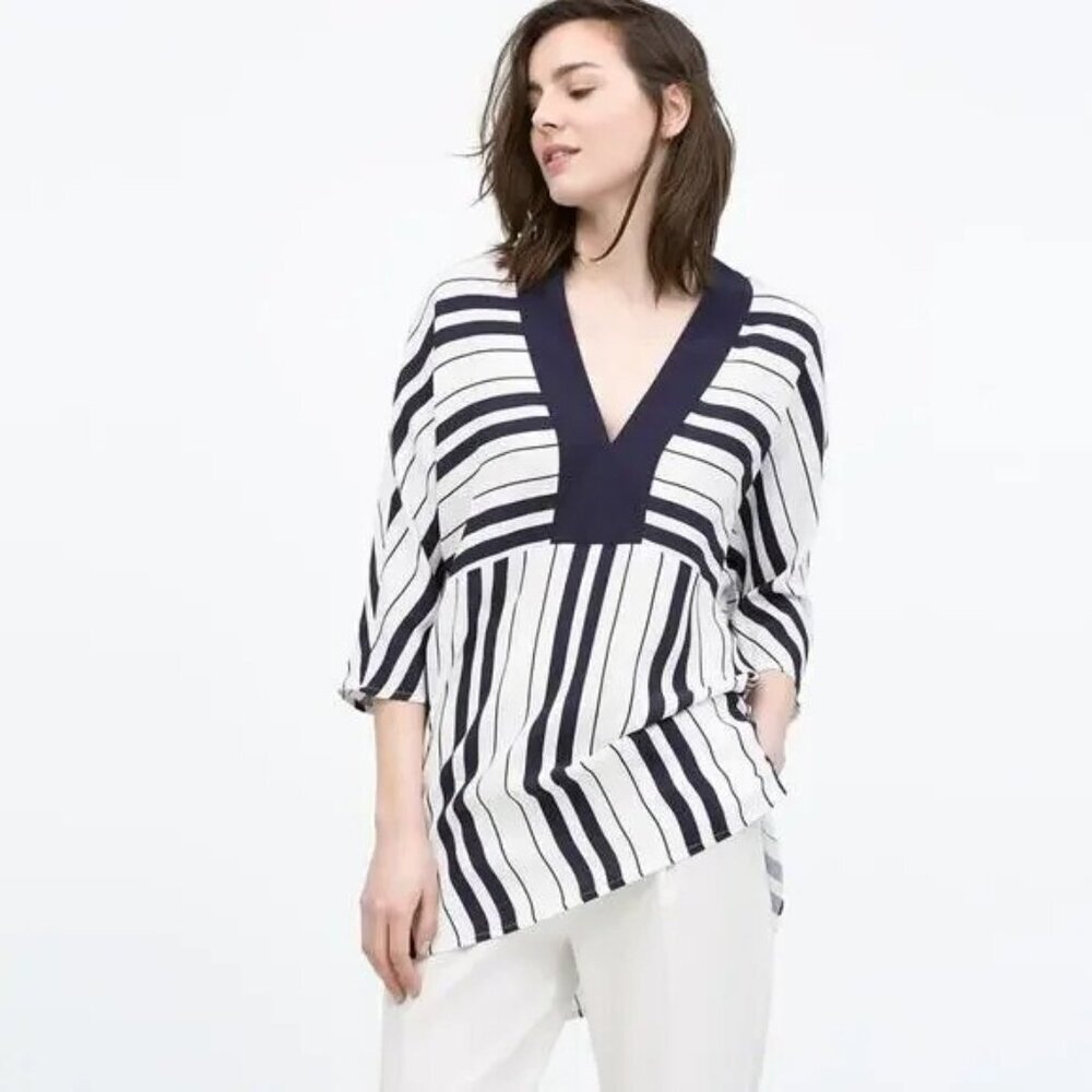 New ZARA White & Navy Blue Stripes High Low V-Neck Tunic Top